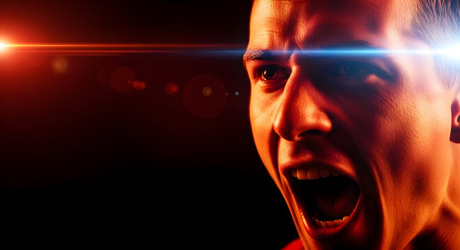 Close up of a man's face screaming in intense emotion with dramatic red and blue light flares and lens effects