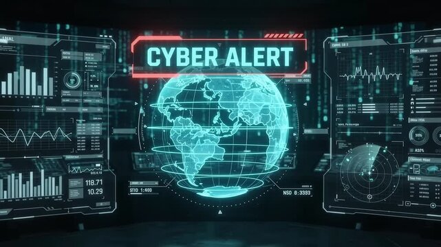 Cybersecurity threat detection and data monitoring in futuristic command center with 3D earth hologram and cyber alert HUD
