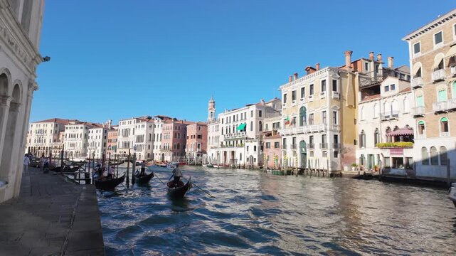 Venice Grand Canal lined with historic palaces and gondolas
