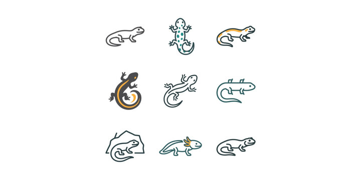 Collection of various lizard and salamander animal icons in linear style.
