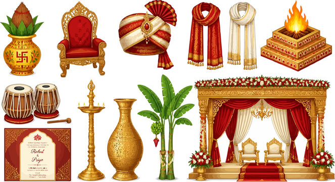 Indian wedding icon set featuring traditional ceremony elements and decor