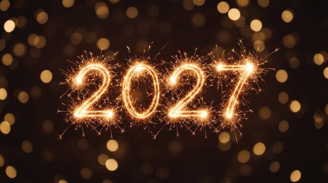 Sparkling 2027 numbers golden sparklers spelling out the year 2027 against a dark background with soft, glowing bokeh lights, creating a festive and celebratory atmosphere.