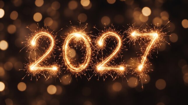 Sparkling 2027 numbers golden sparklers spelling out the year 2027 against a dark background with soft, glowing bokeh lights, creating a festive and celebratory atmosphere.