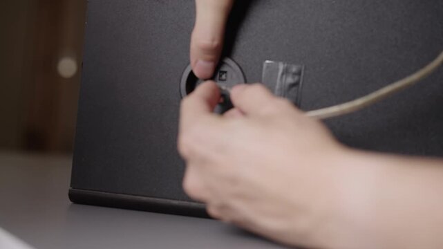 Close-up of hands connecting speaker cables into red and black spring clip terminals on rear panel of audio speaker, establishing stereo sound system. Shooting in slow motion.