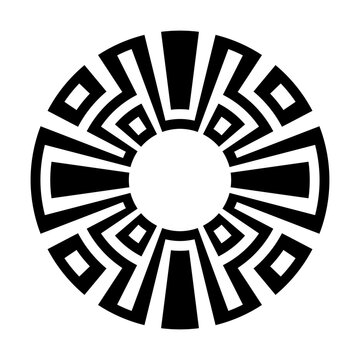 Abstract black and white geometric sunburst circular design. Radiating triangular shapes with alternating solid and outlined segments. Vector illustration. Geometric logo design.