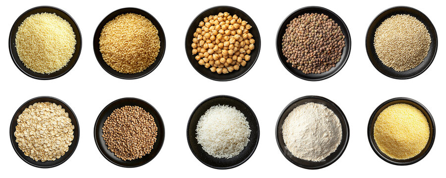 Set of various grains: rice, oatmeal, buckwheat, flour, cornmeal, quinoa, lentils, chickpeas, bulgur, couscous, isolated on transparent background PNG
