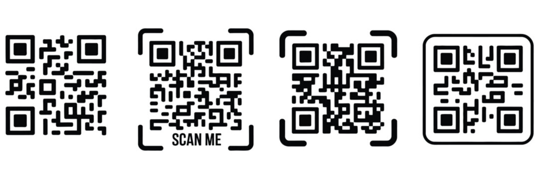 scan me qr code set showing square barcode icon, camera view frame, rounded corner border, and digital reader graphic, technology vector illustration isolated on white.