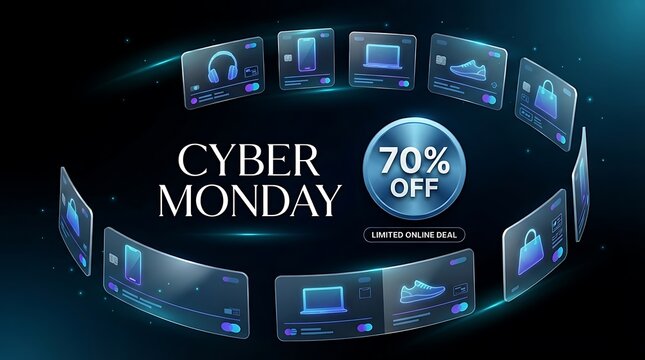 Cyber Monday sale graphic with 70 percent off discount badge surrounded by floating holographic shopping cards.