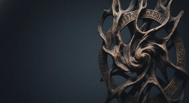 Intricate wooden carving of a swirling vortex with ancient runic symbols etched into its circular frame, dark background, mystical artifact