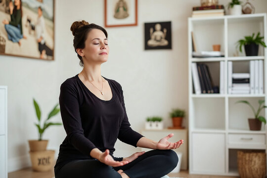 Young employee business woman hold spreading hands in yoga om try to calm down