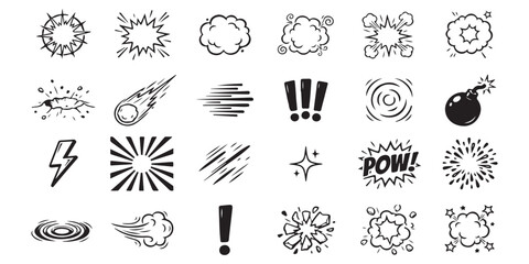 Set of comic book explosion and action effect icons in hand drawn sketch style ©  creative  marlia