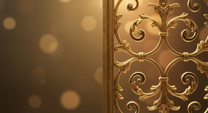 Elegant Golden Ornate Scrollwork Gate with Soft Bokeh Lights Background Luxury Decorative Metal Fence Pattern Abstract Background