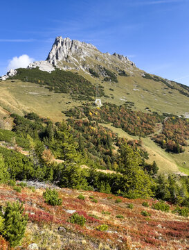 Alpine landscape, Hochschwab mountains, Styria, Austria. Wanderlust in wilderness of Austrian Alps, Europe. Looking at summit TAC Spitzeummit TAC Spitze and Hochturm