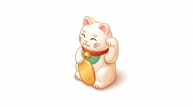 Isometric beckoning lucky cat figurine with a raised paw