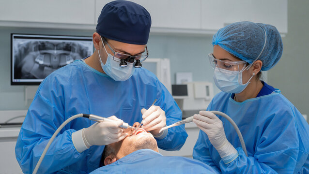 Dental implant procedure with surgeon and assistant working in clinic. Dental surgery includes precision techniques and tools for patient care. Concept dental health and professional medical practice.