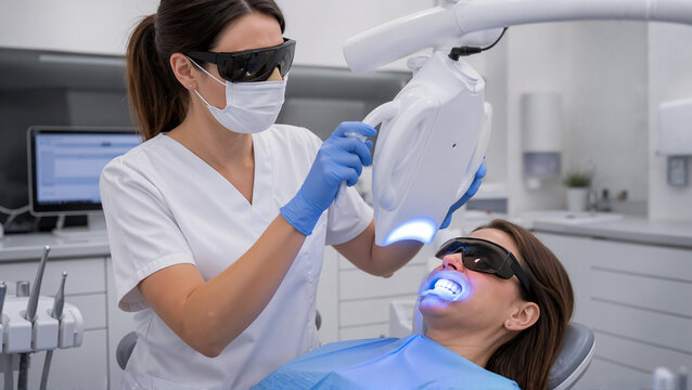 Teeth whitening procedure in dental clinic with professional applying light treatment on patient. Teeth whitening session involves advanced technology for brighter smile and enhanced confidence.