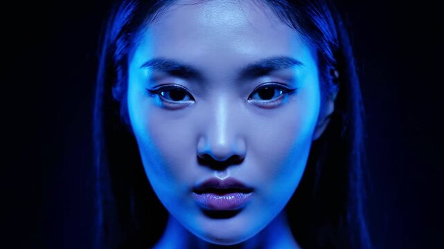 Digital human face formed from blue data glitch particles.