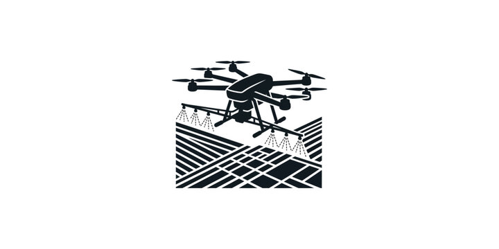 Illustration of an agricultural drone spraying crops in a field.