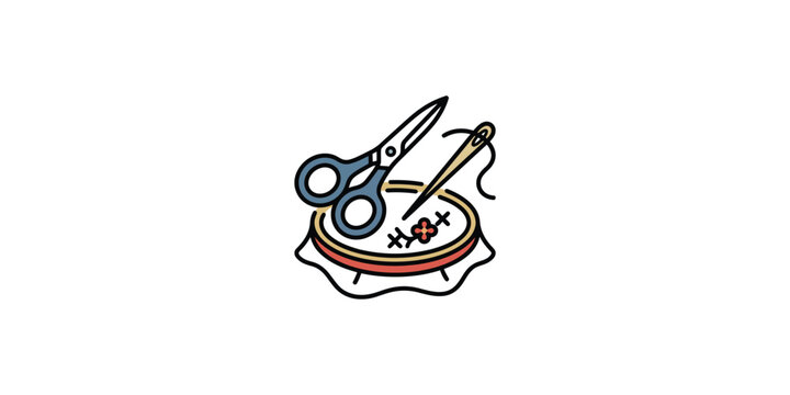 Illustration of sewing tools including scissors and needle on embroidery hoop.