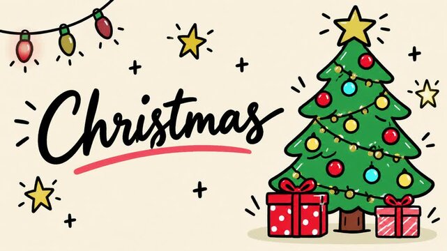 Cartoon Christmas tree and animated hand-lettered holiday greeting
