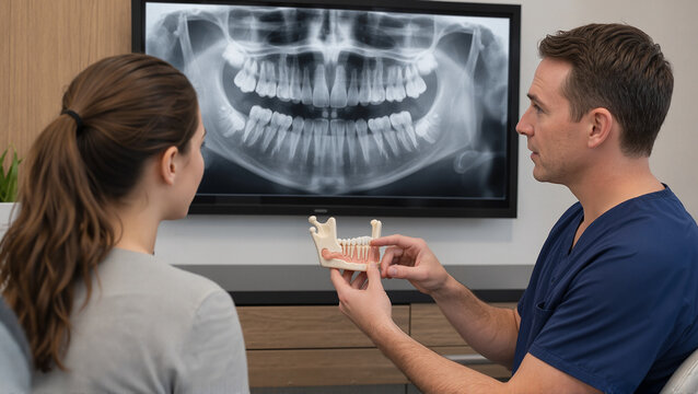 Dentist explaining impacted wisdom teeth with patient in consultation using x-ray image and dental model. Understanding dental health includes discussing risks associated with wisdom teeth.