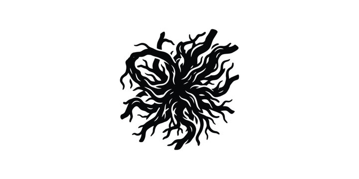 Intricate black and white illustration of tangled tree roots.