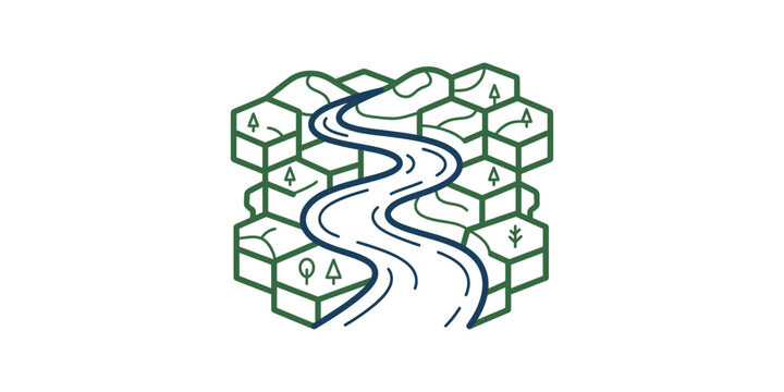 Isometric illustration of a winding river flowing through a geometric hexagonal landscape.