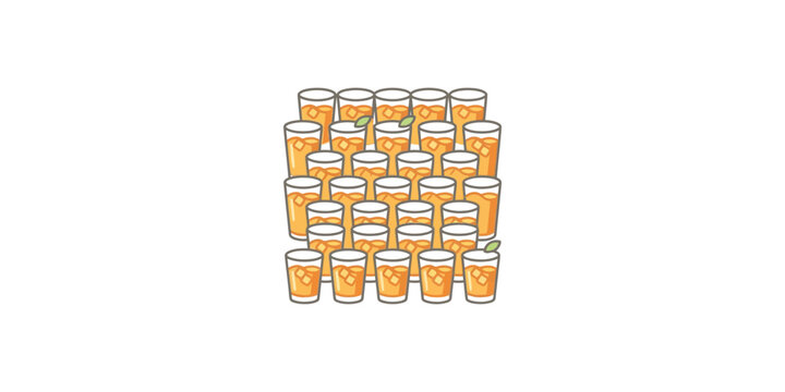 Large group of full beer glasses arranged in a grid pattern.