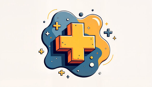3D illustrated plus sign icon surrounded by colorful shapes and patterns, concept health care and medical assistance