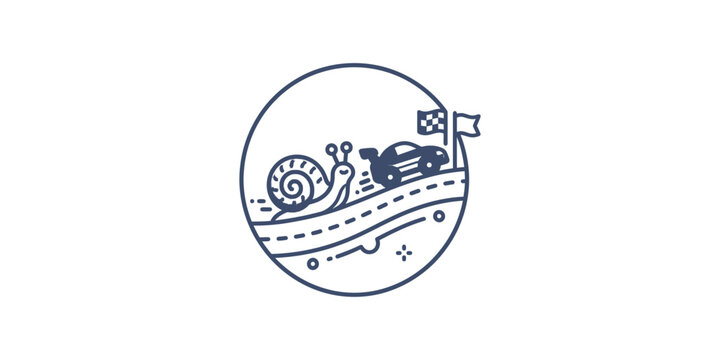 Line art illustration of a snail racing a car on a track.