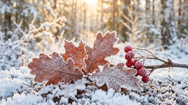 Frost covered oak leaves and vibrant winter berries resting on a snow dusted forest floor in soft sunlight.