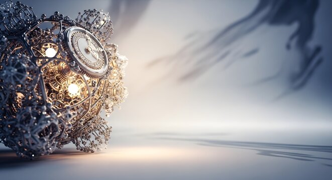Intricate steampunk clockwork sphere with glowing lights and gears representing time and complex mechanisms in a futuristic abstract setting