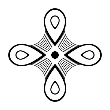 Black and white vector illustration of an abstract symmetrical symbol. Concentric curves surround a central dot. Abstract design. Cross shape with curved lines. Geometric logo design.