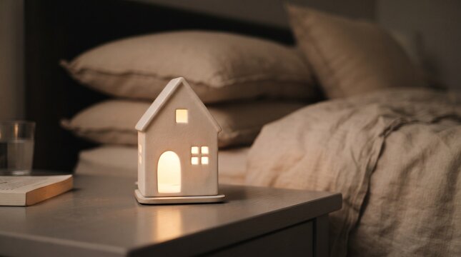 decorative miniature house nightlight casting a warm, inviting glow next to a comfortable bed styled with neutral earth-tone textiles.