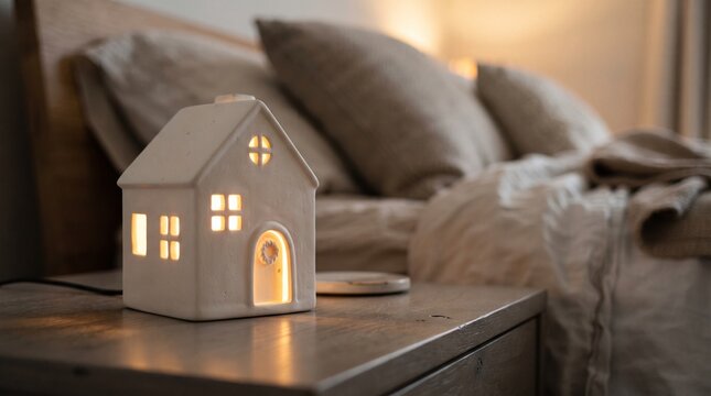 decorative miniature house nightlight casting a warm, inviting glow next to a comfortable bed styled with neutral earth-tone textiles.
