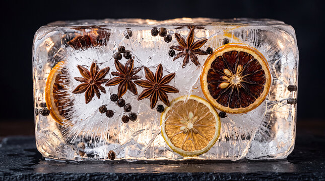 Transparent ice blocks with suspended star anise and spices
