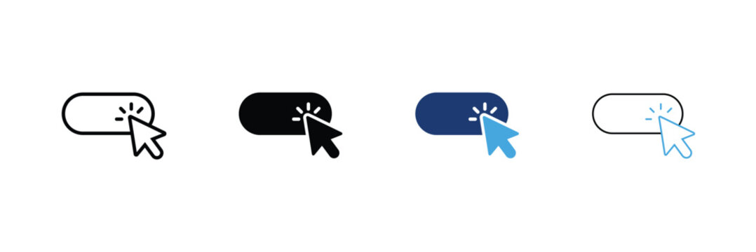CTA button icon set. Pill shape toggle button with click cursor Icons. Outline, Glyph, two-tone and editable stroke vector illustration.