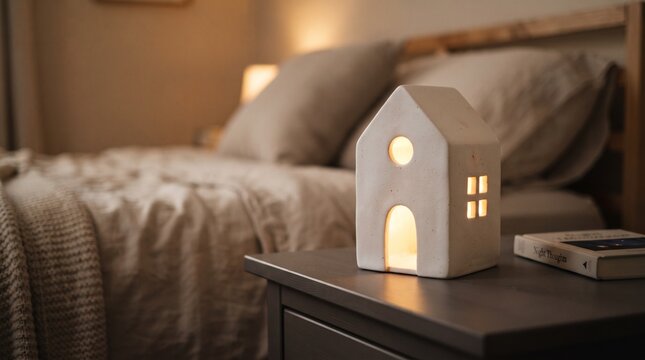 decorative miniature house nightlight casting a warm, inviting glow next to a comfortable bed styled with neutral earth-tone textiles.