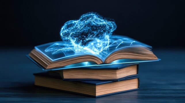 Open book with glowing digital brain concept, symbolizing knowledge and technology intertwined in modern education