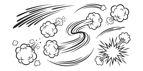 Set of hand drawn comic book style speed lines and explosion clouds in black and white ©  creative  marlia