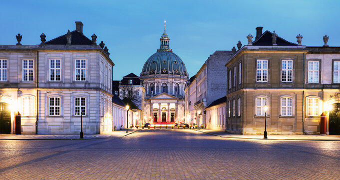 Sunrise view of Marmorkirken - Frederik's Church in Copenhagen - Amalienborg, Denmark. 
