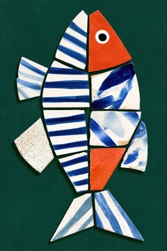 Striped ceramic tile fish collage on green background with red head nautical motif for design poster card background and interior accent decor