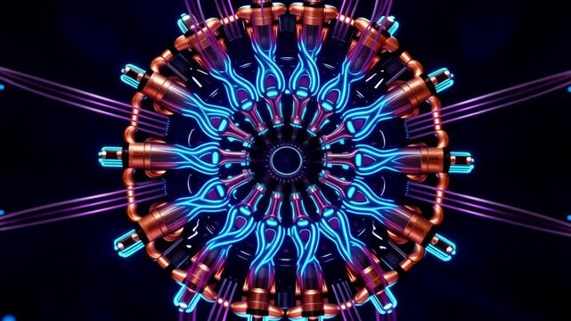 Futuristic neon mechanical apparatus with glowing blue energy tubes and copper conduits shifting through symmetrical closeup views in a dark technological environment