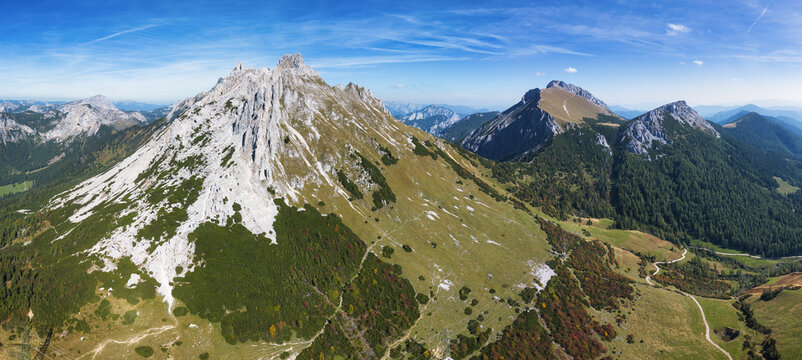 Panoramic view of alpine landscape, Hochschwab mountains, Styria, Austria. Wanderlust in wilderness of Austrian Alps, Europe. Looking at summit TAC Spitze and Hochturm