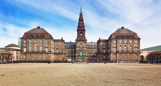Copenhagen, Denmark with Christianborg palace, Danish Parliament and city downtown.