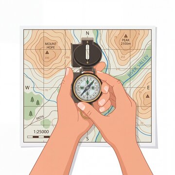 Hands holding a magnetic compass over a detailed topographic map for navigation and orienteering