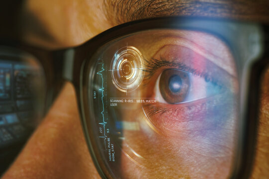 A woman tests augmented reality technology through smart eyewear