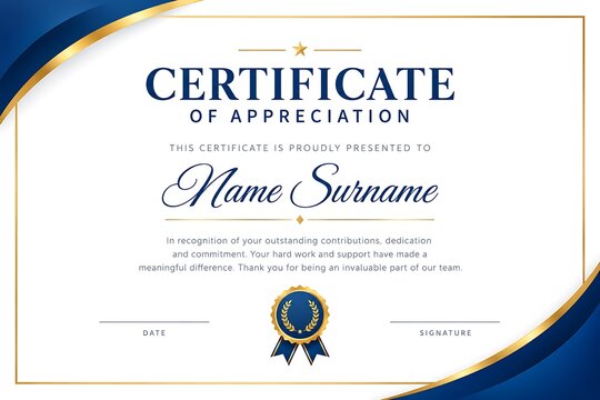 Professional certificate of appreciation template, elegant blue and gold diploma award design, corporate recognition document layout