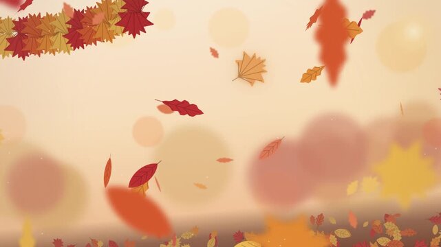 Red maple leaves drifting past blurred bokeh on cream background