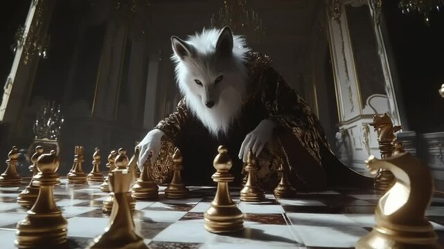 Majestic wolf figure plays chess in opulent hall